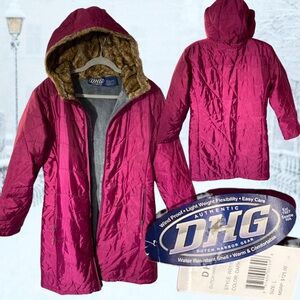 DHG Dutch Harbor Gear puffer coat jacket faux fur hood, mid length, Large, pink